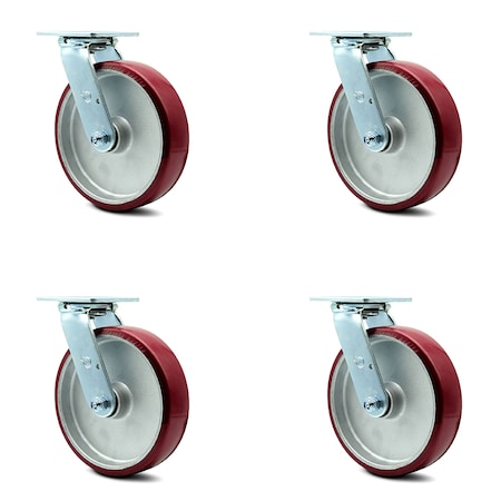 8 Inch Poly On Aluminum Swivel Caster Set With Roller Bearing And Swivel Lock